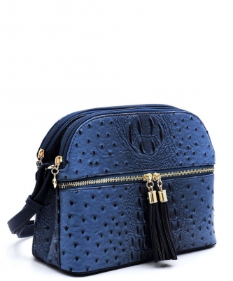 Ostrich Embossed Multi-Compartment Cross Body with Zip Tassel OS050 NAVY